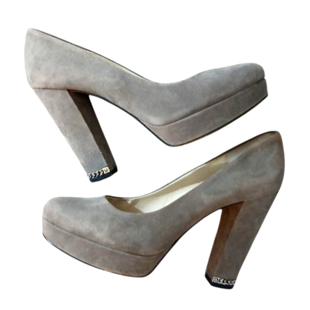 Michael Kors Taupe Suede Platform Block Heel Pumps